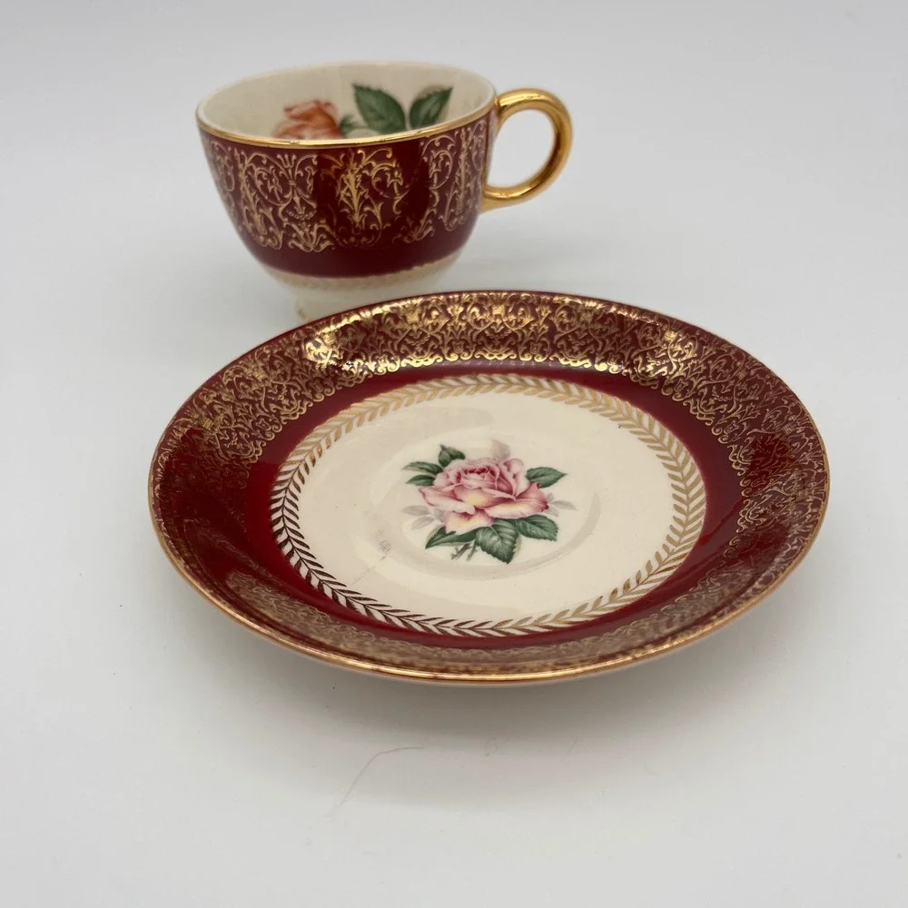 Homer Laughlin Lady Stratford Tea Cup and Saucer Set Maroon Gold Rose 2 Piece